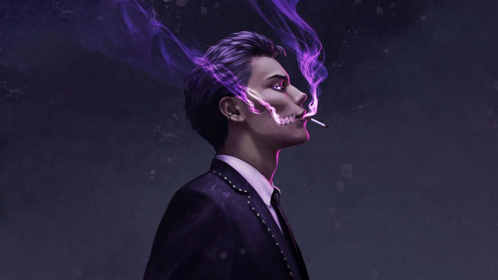 Zombie Boy with Purple Smoke Emanating from Cigarette wallpaper