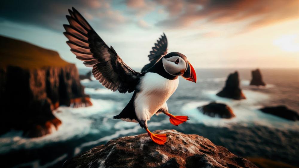 A Puffin landing after a flight over the seashore wallpaper