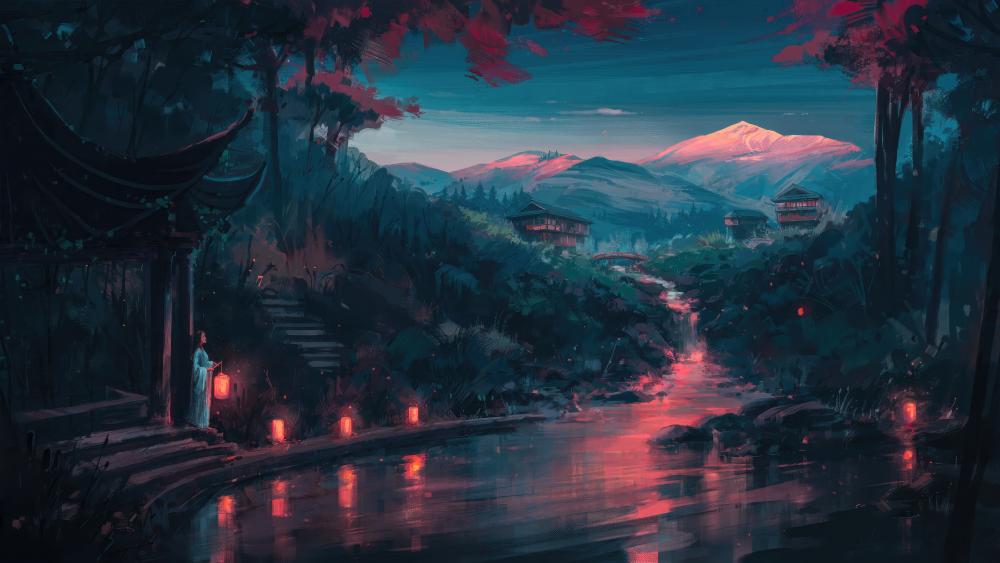 Enchanting Riverside Lantern Scene wallpaper