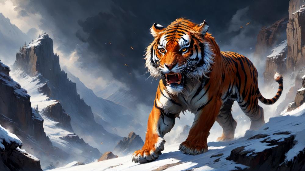 Fierce Tiger in Snowy Mountains wallpaper