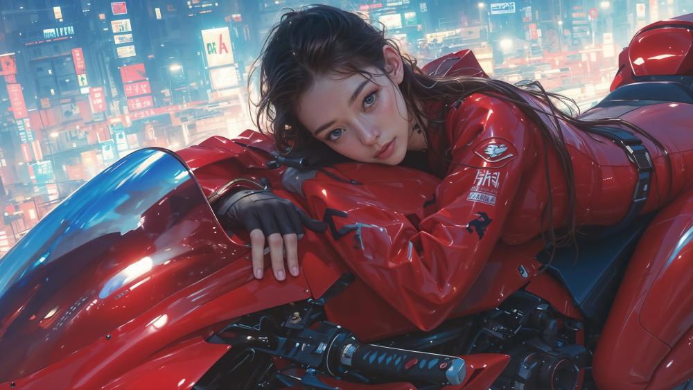 Cyberpunk Girl with Red Motorcycle in Neon City wallpaper