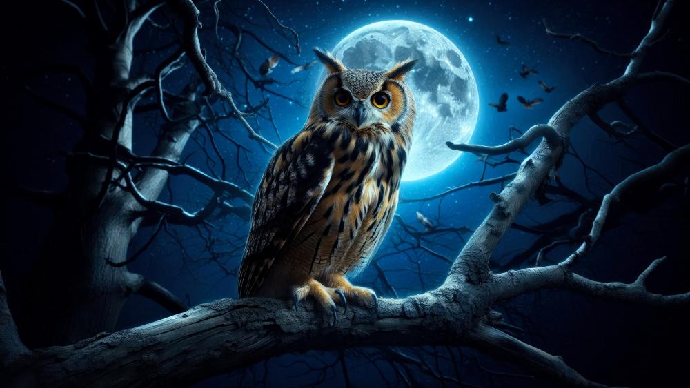 Owl's Nocturnal Watch in AI Artistry wallpaper