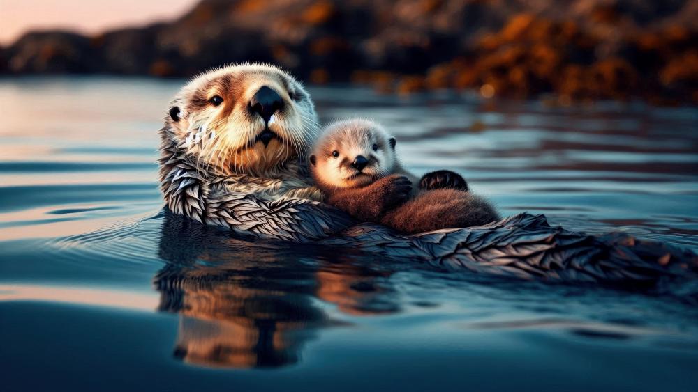 Otter and cub relaxing on the water surface wallpaper