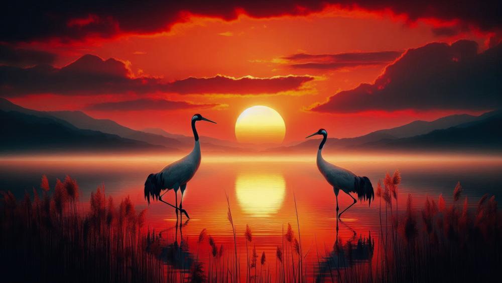 Two Japanese cranes on a lake wallpaper