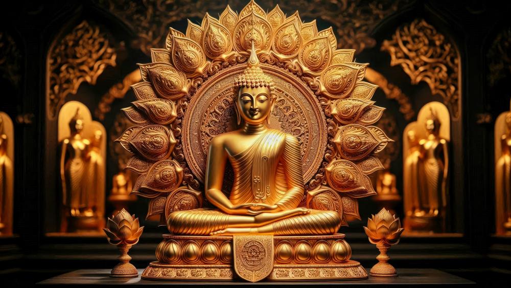 Buddhist shrine made in gold wallpaper