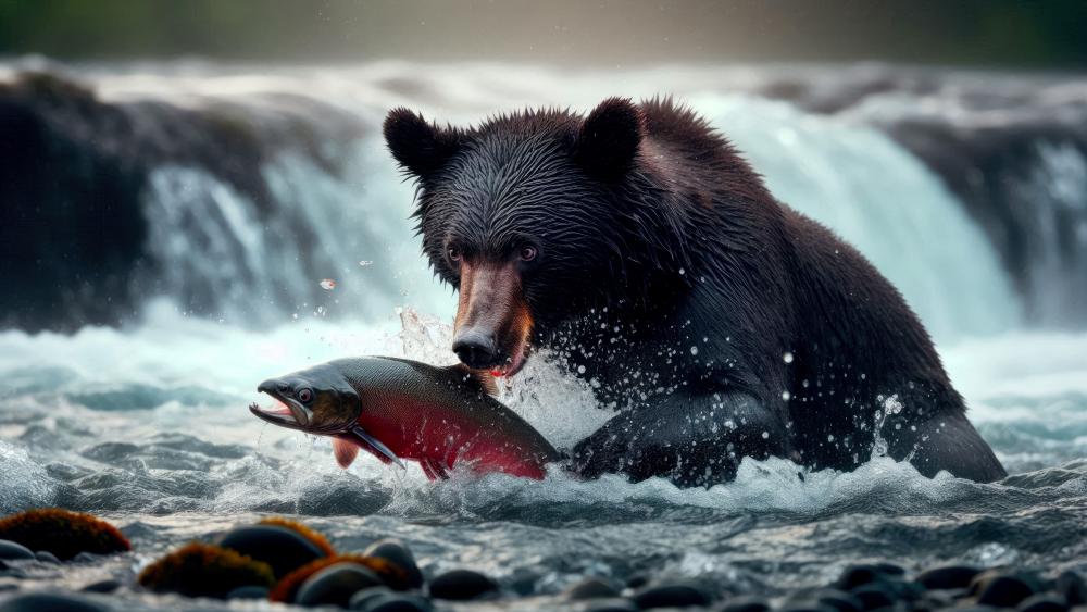 A Black Bear catching a Salmon  wallpaper