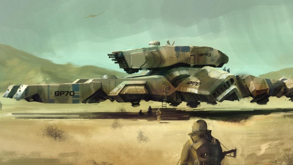 Futuristic Hover Warship Patrols Desert Landscape wallpaper