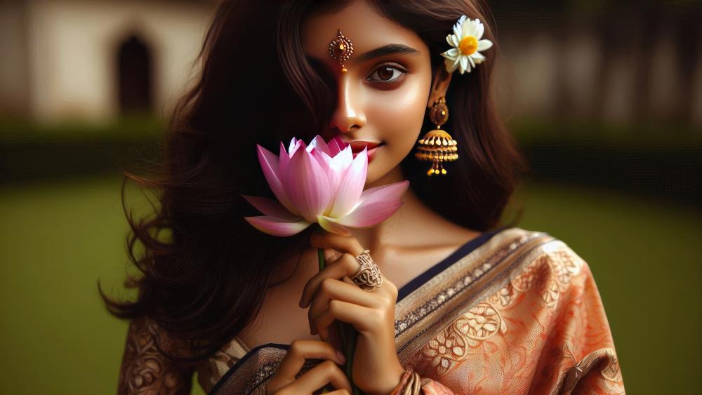 Indian girl with a lotus flower portrait  wallpaper