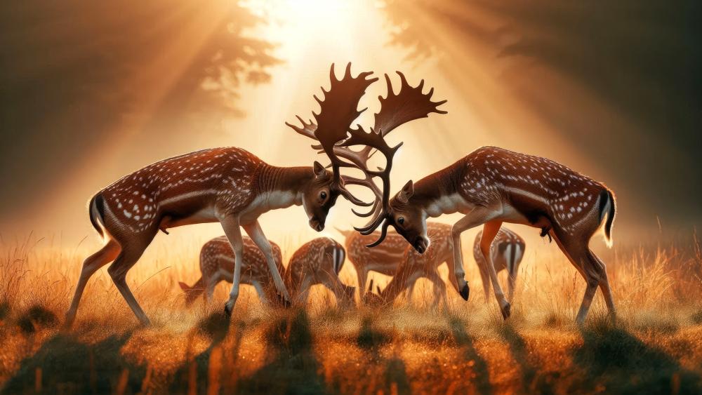 Red-spotted deer buck fighting on a morning wallpaper