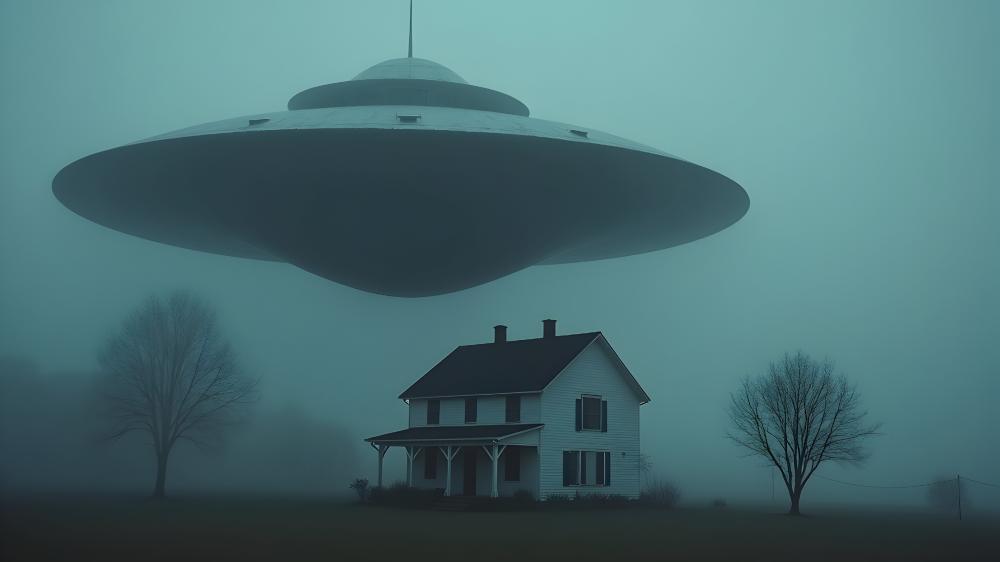 Eerie Encounter Over a Foggy House wallpaper