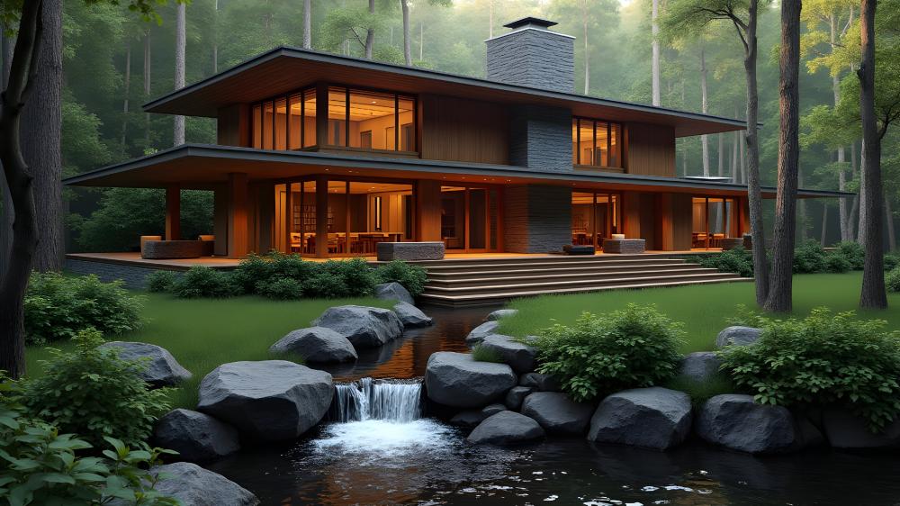 Modern Forest House with Waterfall wallpaper