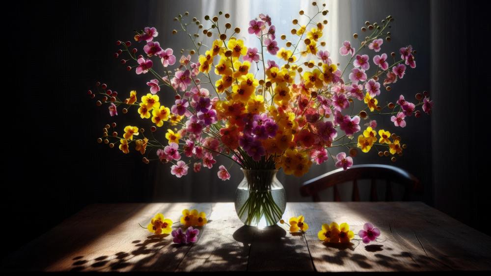 Flower vase on a table wallpaper