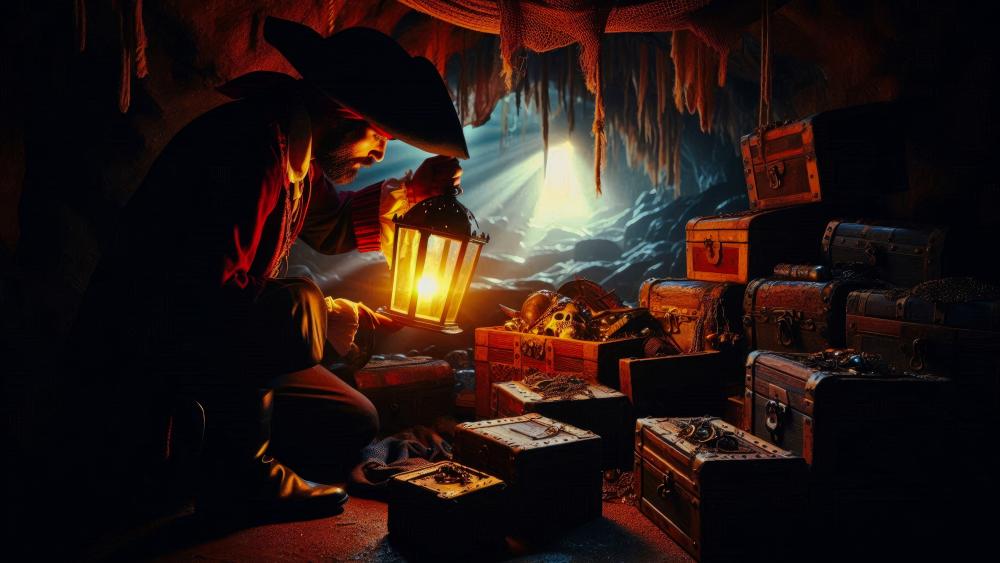 A pirate and his hidden Treasure looking at it in a cave wallpaper