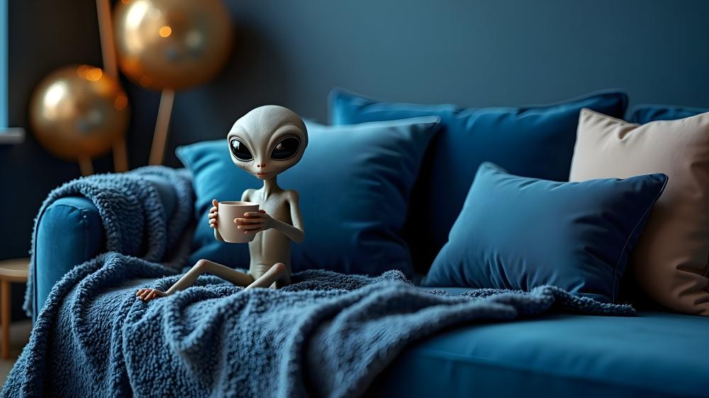 Cute Alien Lounging with Coffee in Living Room wallpaper