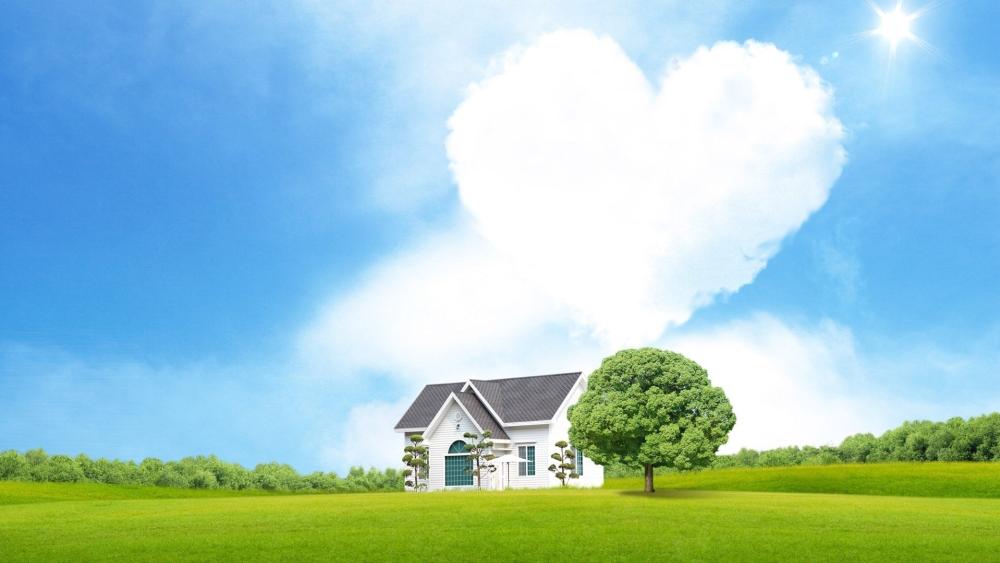 Romantic Home in Heart-Shaped Cloud Sky wallpaper