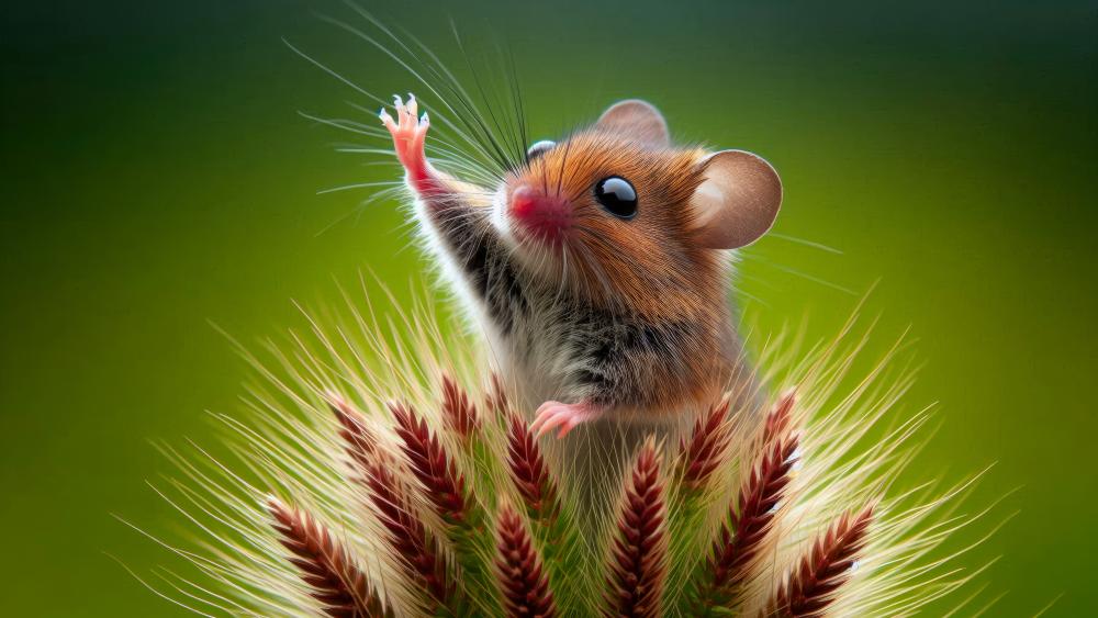 A wood mouse on top of a grass flower, waves wallpaper