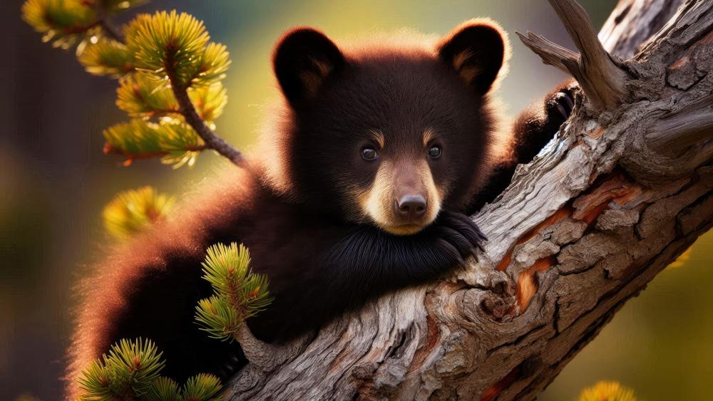 A black Bear cub on a tree wallpaper