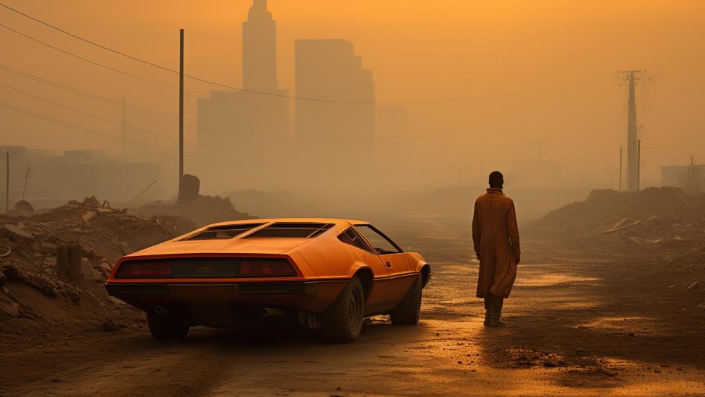 Dystopian Journey Through the Orange Haze wallpaper