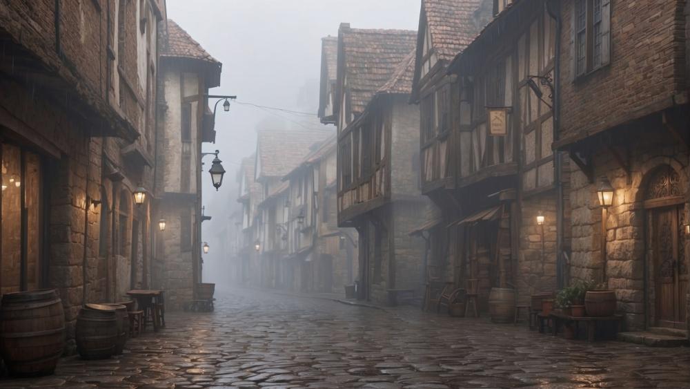 Misty Medieval Streetscape in 4K wallpaper