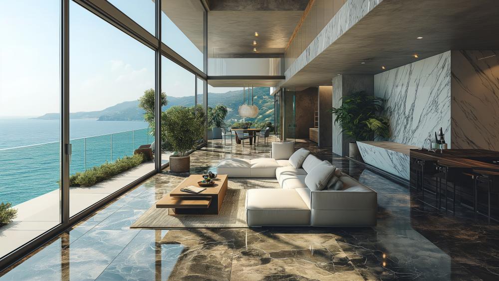 Luxurious Living Room with Ocean View wallpaper