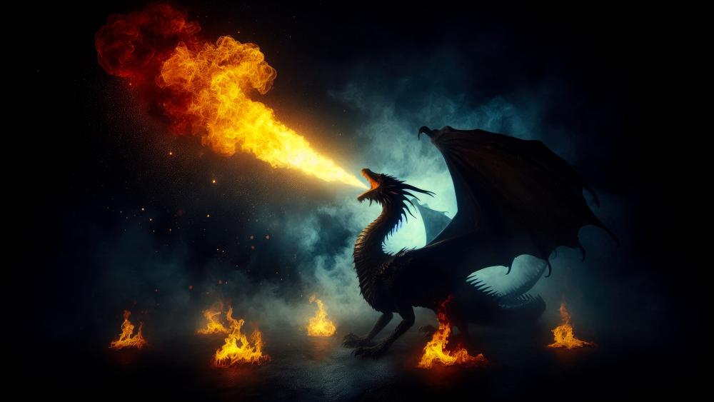 A fire-breathing Dragon breathing fire into the sky wallpaper