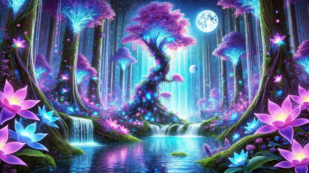 A breathtaking fantasy scene featuring a vibrant mystical forest with towering, bioluminescent trees that glow in shades of blue and purple. wallpaper