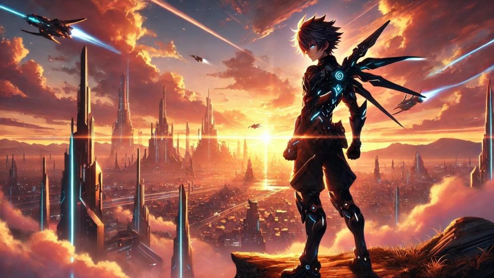 Futuristic Anime Warrior at Sunset wallpaper