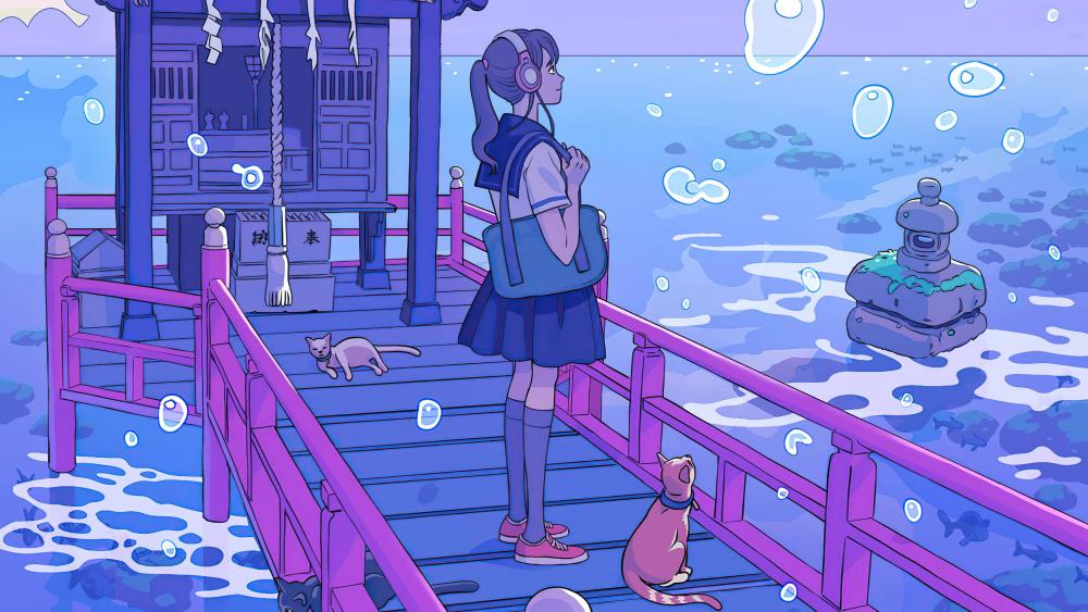 Anime Girl and Cats at the Pier wallpaper