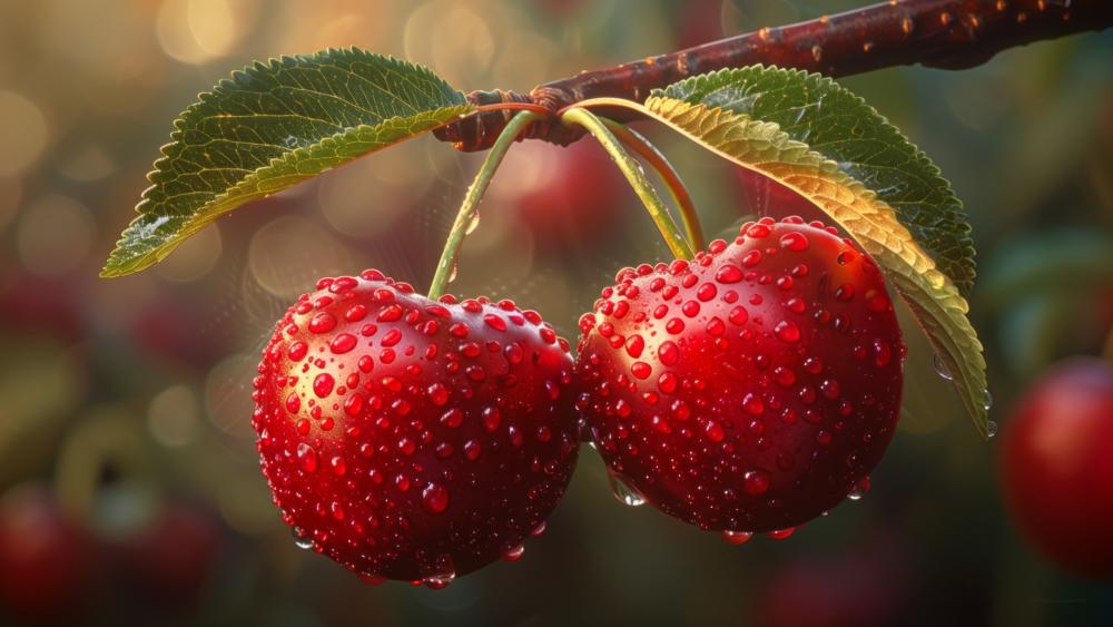 Rain-Kissed Cherries in AI Art wallpaper