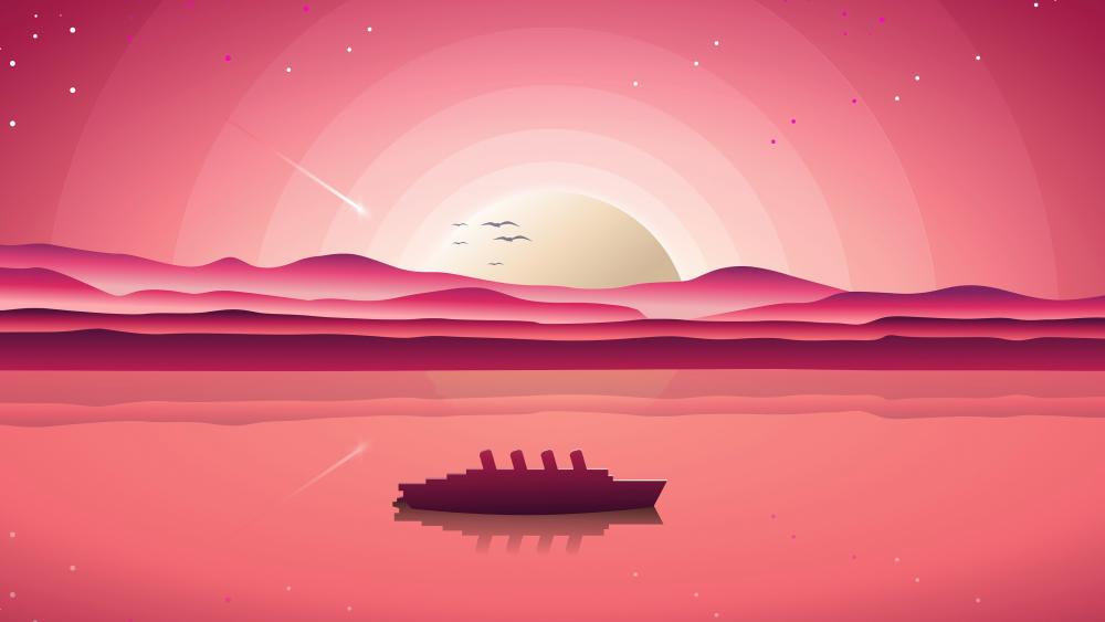 Serene Fantasy Sunset Scene with Ship wallpaper