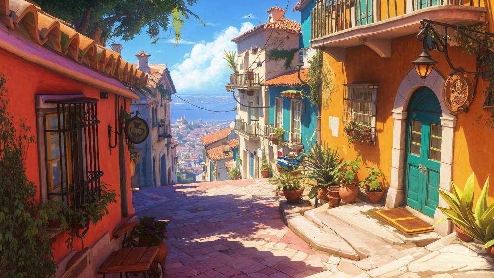 Charming Anime Town Street wallpaper