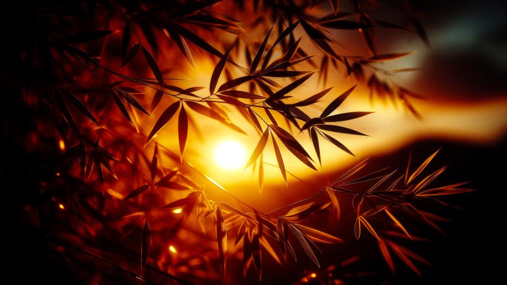 Sunset seen through Bamboo leaves on a Summer evening  wallpaper