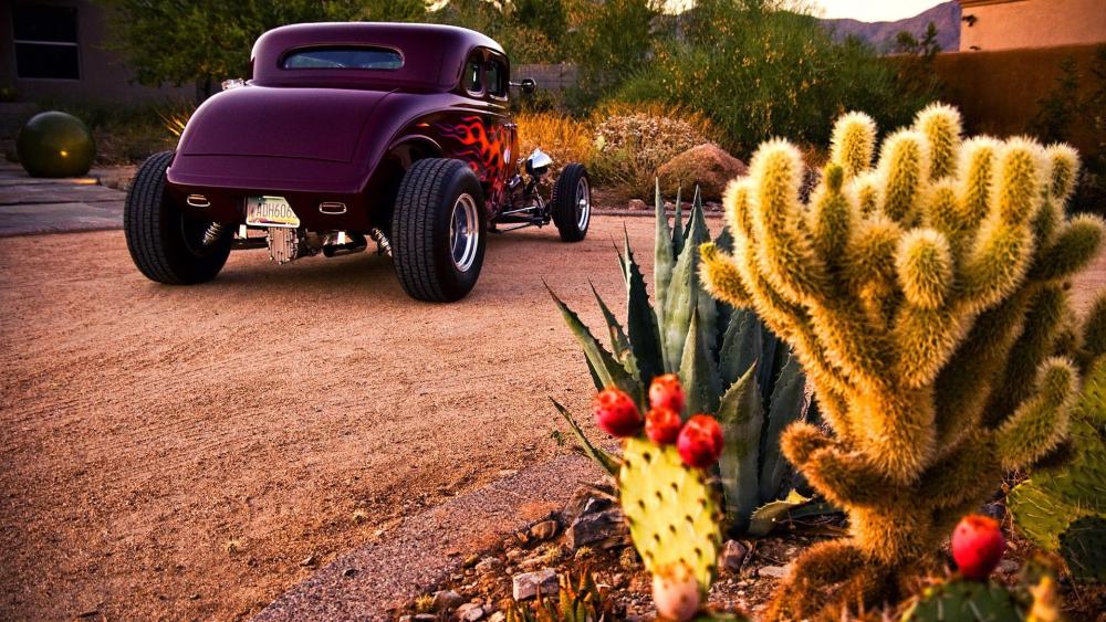 Vintage Hotrod in Desert Landscape wallpaper