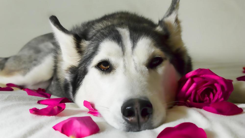 Restful Husky Among Rose Petals wallpaper