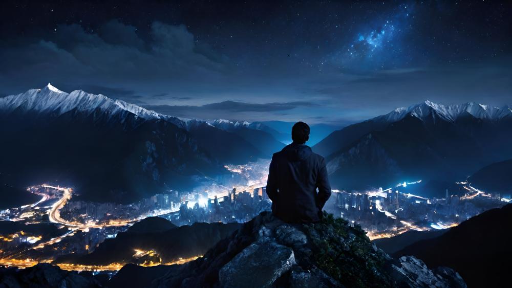 City Lights and Mountain Night Sky wallpaper