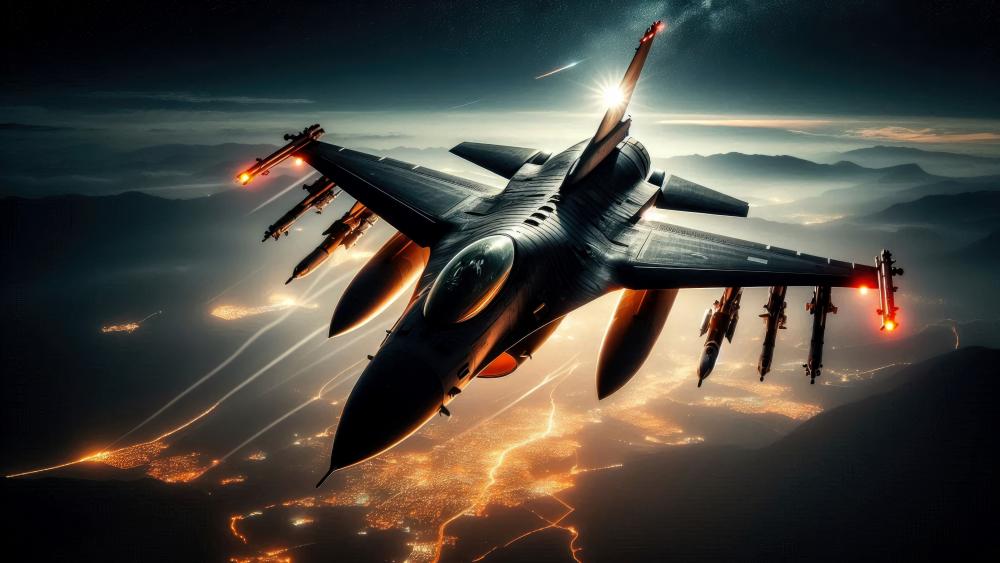 F-16 fighting falcon on a night flight  wallpaper