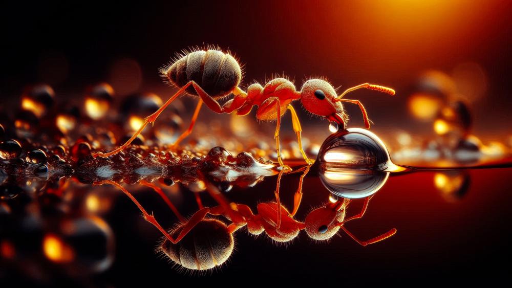 Ant drinking from a water droplet on a reflective surface wallpaper