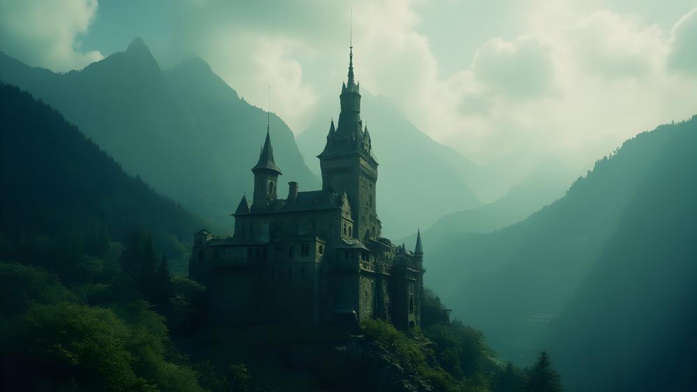 Mysterious Medieval Castle in Misty Mountains wallpaper