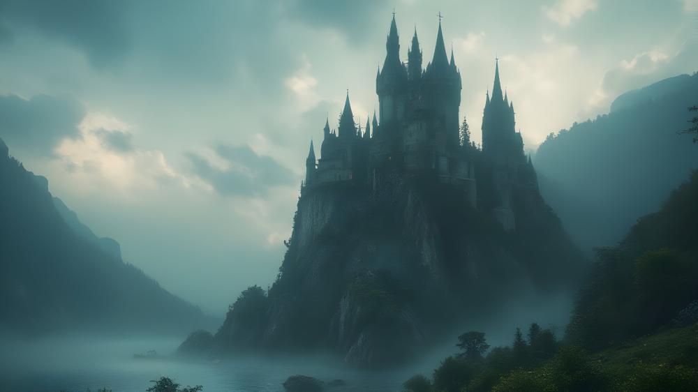 Misty Gothic Castle in a Medieval Fantasy Realm wallpaper