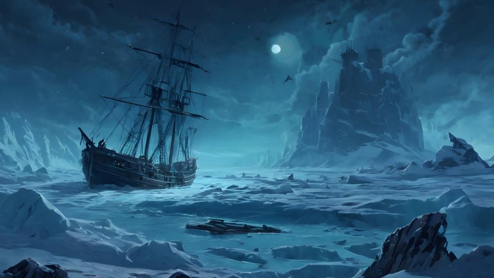 Frozen Voyage on Icy Seas Fantasy Adventure Wall Art wallpaper