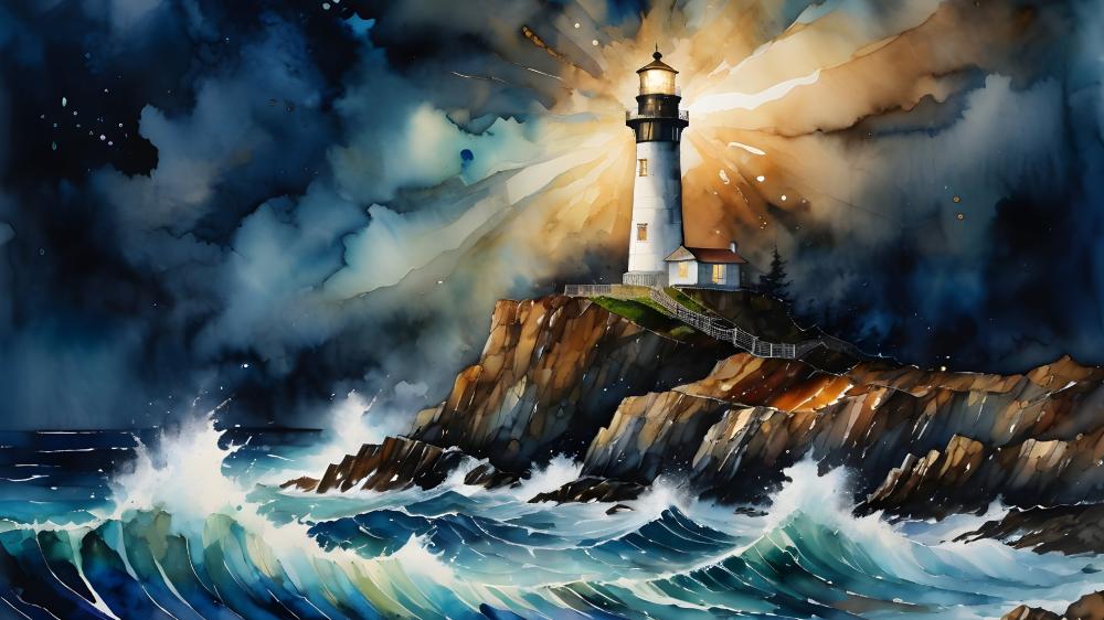 Brilliant Beacon on Stormy Seas wallpaper