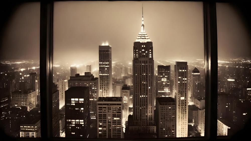 Misty Skyscrapers Through Urban Windows wallpaper