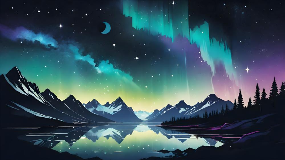 Aurora's Dream Over Starlit Peaks wallpaper