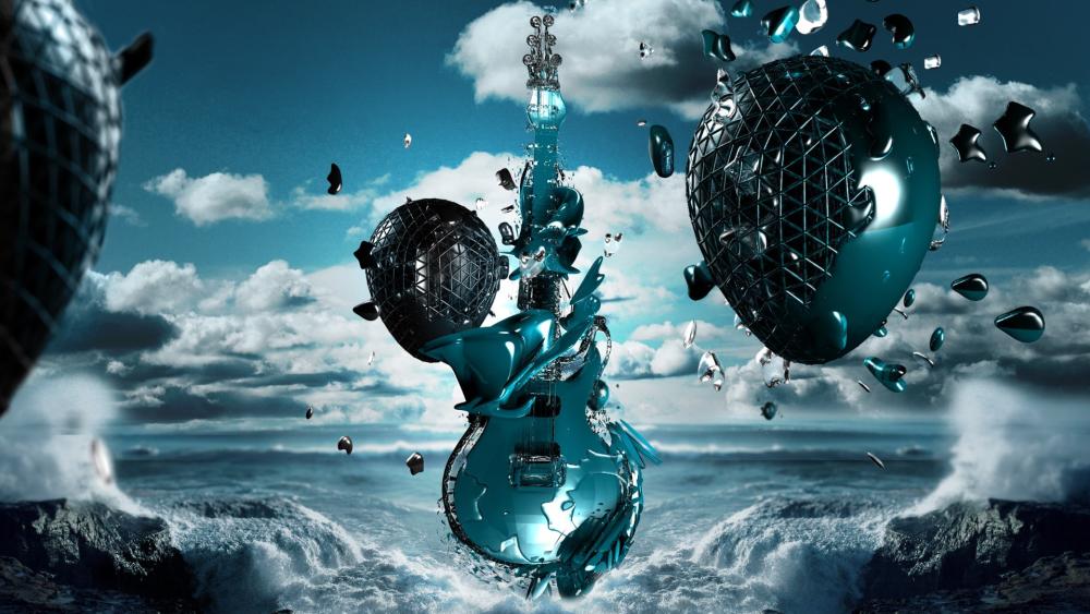 Futuristic Guitar Dreamscape in Blue Magic wallpaper