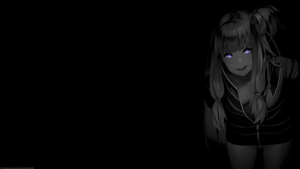 Mystical Anime Girl with Blue Eyes in Darkness wallpaper