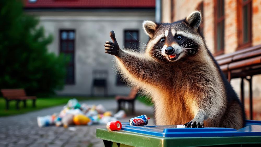 A Happy Raccoon in a bin surrounded by tasty treats.  wallpaper