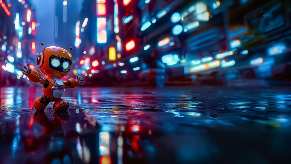 Robot in Neon-Lit Rainy Street wallpaper