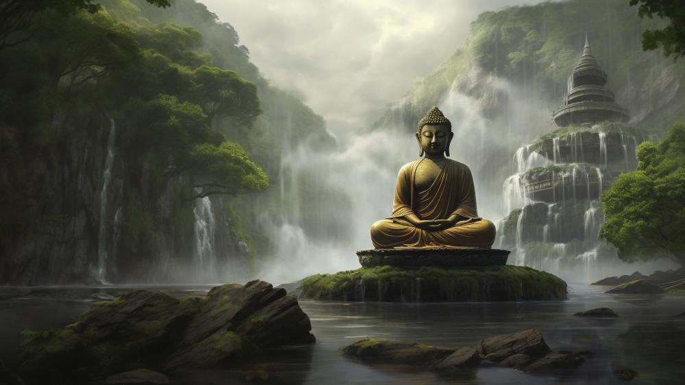 Serene Buddha by Mystical Waterfalls wallpaper