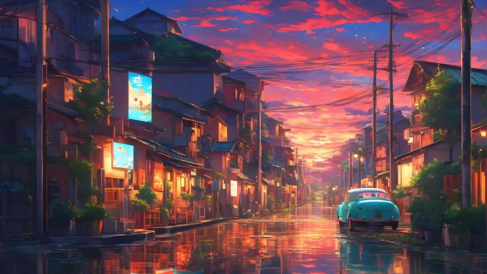 Anime Street at Dusk in Vibrant Colors wallpaper