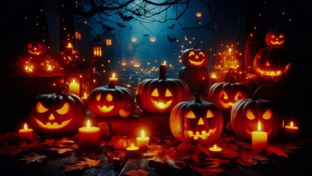 Halloween night -Jack-o'-lanterns lit. wallpaper